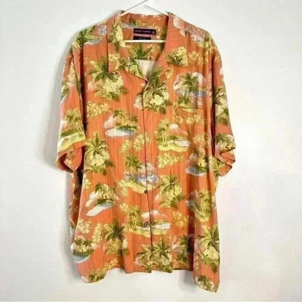 Grant Thomas Sz‎ XXL Men’s Hawaiian Shirt Button Down Pure Silk Orange